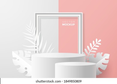 3d round pedestal mockup on white pink backdrop. 3d scene with blank podium, picture frame and tropical plants around. Ideal for cosmetic, packaging and product presentation. Vector eps 10.