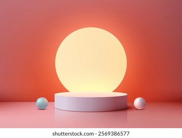 3D round pink platform with a glowing circle light against a coral backdrop. Two pastel spheres, one blue and one white, product mockups or holiday displays.