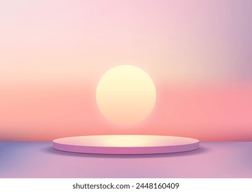 3D round pink platform with a scenic sunset in the background, Natural concept, Product mockup display. Vector illustration