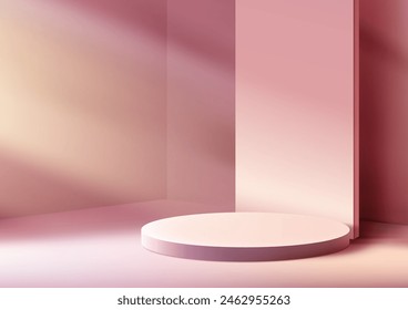 3D round pink podium with backdrop sits in a minimalist pink room with soft shadows, minimal concept, product display, mockup, showroom, showcase. Vector illustration