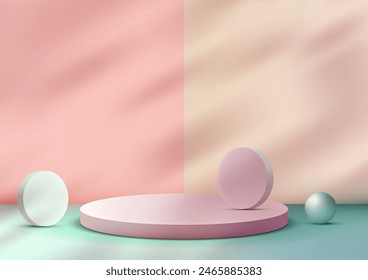 3D round pink podium with circle and ball geometric elements leaves sits on a soft pink background, modern concept, product display, mockup, showroom, showcase