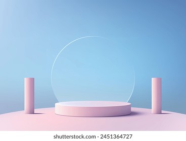 3D round pink podium with glass transparent circle backdrop on a pink floor with two pole on a blue background, modern concept, product display, mockup, showroom, showcase. Vector illustration