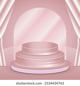 3D round podium background in pink color. Abstract composition minimalist design. Studio display showroom cosmetic product pedestal, Fashion stage showcase mockup scene.
