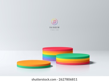 3D round podium background with pride rainbow color in white studio room. Abstract composition minimalist design. Studio display showroom LGBTQ+ product pedestal, Fashion stage showcase mockup scene.
