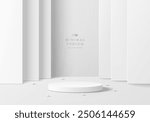 3D round podium background in white color with layers square backdrop. Abstract composition minimalist design. Studio display showroom cosmetic product pedestal, Fashion stage showcase mockup scene.