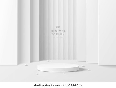 3D round podium background in white color with layers square backdrop. Abstract composition minimalist design. Studio display showroom cosmetic product pedestal, Fashion stage showcase mockup scene.