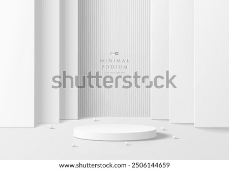 3D round podium background in white color with layers square backdrop. Abstract composition minimalist design. Studio display showroom cosmetic product pedestal, Fashion stage showcase mockup scene.