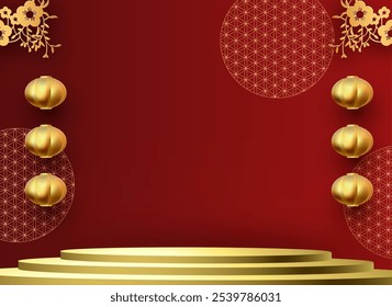 3D round podium with Chinese lanterns and flowers. Circle podium with Asian design elements. Lunar new year offer