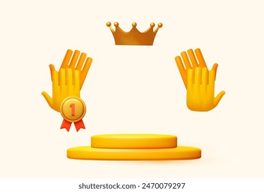 3D round podium with crown, first place medal and applauds. Win design