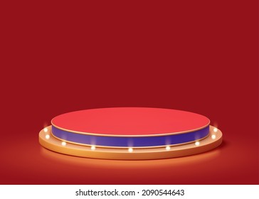 3d round podium decorated with retro broadway lights. Product display platform isolated on red background, suitable for Chinese new year decoration