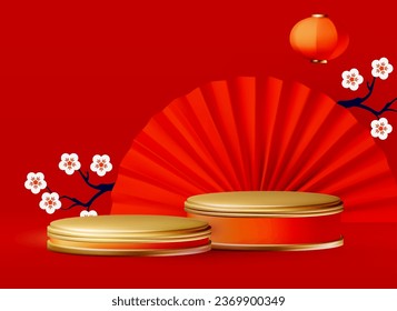 3D Round Podium with Lantern. Chinese and Lunar New Year design template. Asian holiday