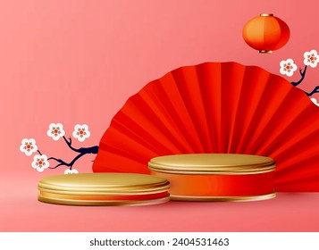 3D Round Podium with Lantern. Chinese and Lunar New Year design template. Asian holiday