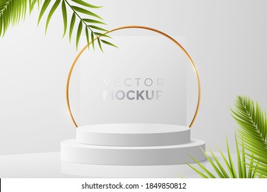 3d round podium mockup in white color. Empty light scene with blank podium, golden frame and green tropical plants around. Ideal for cosmetic, packaging and other product presentation. Vector eps 10