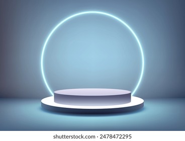 3D Round Podium with Neon Circle on Blue Background for Technology Concept Product Display and Mockup Showroom Showcase