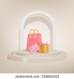 3d Round Podium Platform with Paper Bags, Present Gift and Credit Card Plasticine Cartoon Style . Vector illustration