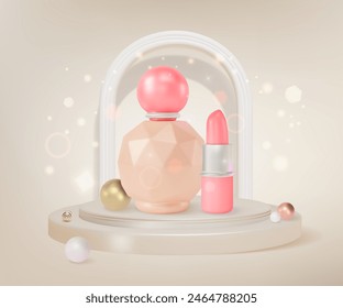 3d Round Podium Platform with Perfume and Lipstick Background Cartoon Design Style. Vector illustration of Female Beauty Product