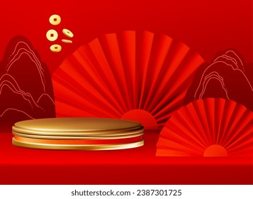3D Round Podium with Red Paper Fan. Chinese and Lunar New Year design template. Asian holiday