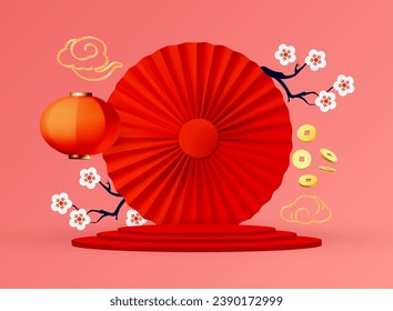 3D Round Podium with Red Paper Fan,Cherry Blossom and Lantern. Chinese and Lunar New Year design template. Asian holiday