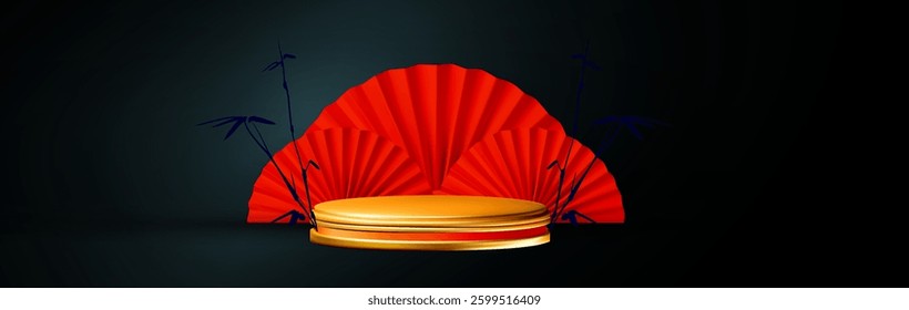 3D Round Podium with Red Paper Fan. Chinese and Lunar New Year design template. Asian holiday