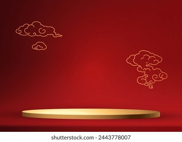 3D-Rundpodium im Showcase mit chinesischen Wolken. Kreispodium mit asiatischen Designelementen. Mond-Neujahrsangebot