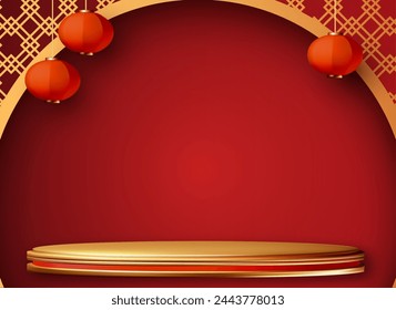 3D round podium in showcase with Chinese gold traditional circle doors and red lanterns. Circle podium with Asian design elements. Lunar new year offer