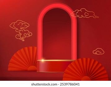 3D round podium in showcase with Chinese lanterns, arc, clouds and traditional paper fans. Circle podium with Asian design elements. Lunar new year offer