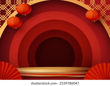 3D runde Podium in Vitrine mit Chinesisch Gold traditionellen Kreis Tür, Papier Fans und rote Laternen. Kreispodium mit asiatischen Designelementen. Neujahrsangebot