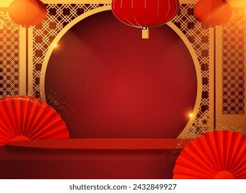 3D round podium in showcase with gold traditional Chinese circle door, paper fans and red lanterns with light effect. Circle podium with Asian design elements. Lunar new year offer