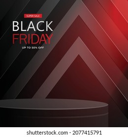 3D Round-Podium-Bühne für Black Friday-Verkaufsposter mit schwarzem Papierschnitt und handwerklichem Stil auf Farbhintergrund für Banner, Poster oder Website