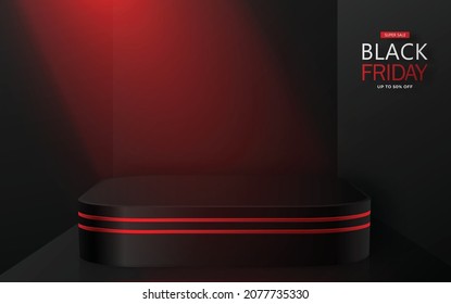 3D Round-Podium-Bühne für Black Friday-Verkaufsposter mit schwarzem Papierschnitt und handwerklichem Stil auf Farbhintergrund für Banner, Poster oder Website