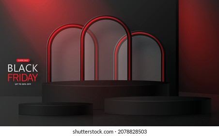 3D Round-Podium-Bühne für Black Friday-Verkaufsposter mit schwarzem Papierschnitt und handwerklichem Stil auf Farbhintergrund für Banner, Poster oder Website