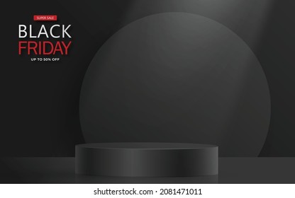 3d Round podium stage for Black Friday sale poster with black paper cut and craft style on color background for banner, poster or web site