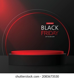 3d Round podium stage for Black Friday sale poster with black paper cut and craft style on color background for banner, poster or web site