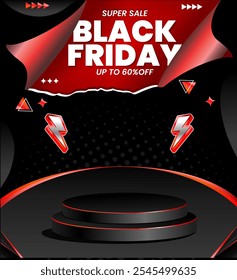 3d round podium stage for Black Friday sale poster with black paper cut and craft style on color background for banner, poster or website