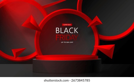 3d Runde Podium Bühne für Black Friday Verkauf Poster mit schwarzem Papier geschnitten und Handwerk Stil auf farbigem Hintergrund für Banner, Poster oder Website