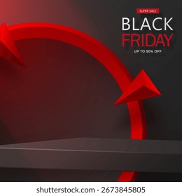 Etapa redonda del podio 3d para el cartel de la venta del viernes negro con el corte de papel negro y el estilo del arte en el fondo del color para el Anuncio, el cartel o el Sitio web