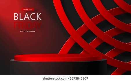 Etapa redonda del podio 3d para el cartel de la venta del viernes negro con el corte de papel negro y el estilo del arte en el fondo del color para el Anuncio, el cartel o el Sitio web