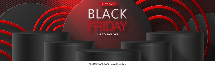 Etapa redonda del podio 3d para el cartel de la venta del viernes negro con el corte de papel negro y el estilo del arte en el fondo del color para el Anuncio, el cartel o el Sitio web
