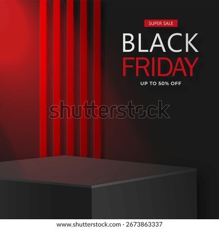 3d Round podium stage for Black Friday sale poster with black paper cut and craft style on color background for banner, poster or web site