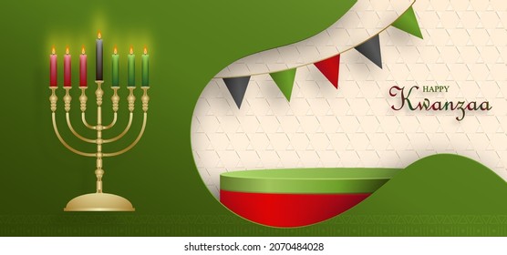 3d Round podium stage for Happy kwanzaa card with nice and creative symbols and paper cut style on color background for kwanzaa holiday