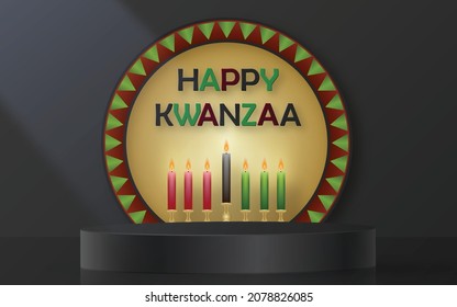 3d Escenario de podio redondo para la tarjeta Happy kwanzaa con símbolos agradables y creativos y estilo de corte de papel en el fondo de color para las vacaciones de kwanzaa