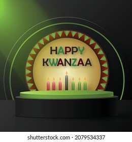 3d Round podium stage for Happy kwanzaa card with nice and creative symbols and paper cut style on color background for kwanzaa holiday