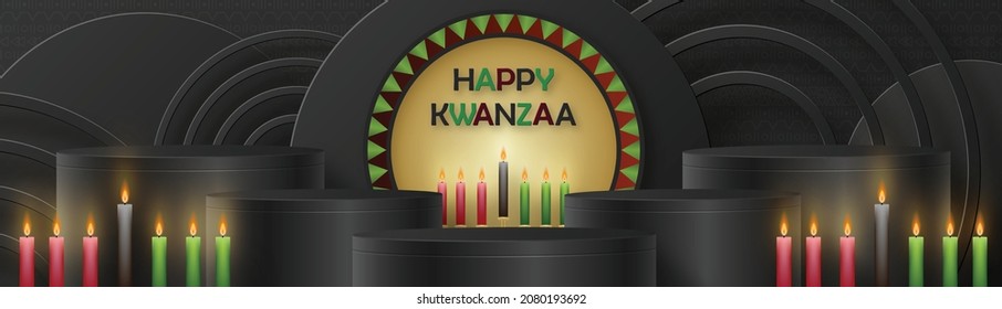 3d Round podium stage for Happy kwanzaa card with nice and creative symbols and paper cut style on color background for kwanzaa holiday