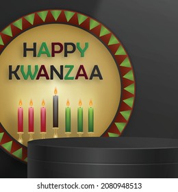 3d Round podium stage for Happy kwanzaa card with nice and creative symbols and paper cut style on color background for kwanzaa holiday