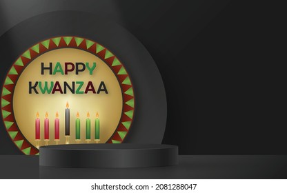 3d Round podium stage for Happy kwanzaa card with nice and creative symbols and paper cut style on color background for kwanzaa holiday