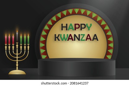 3d Round podium stage for Happy kwanzaa card with nice and creative symbols and paper cut style on color background for kwanzaa holiday