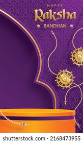 3d Round podium stage for Happy Raksha Bandhan, the traditional Indian festival with with Rakhi elements and crystal on color background