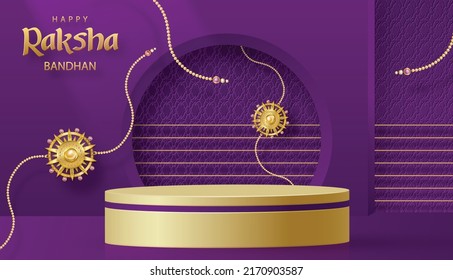 3d Escenario de podio redondo para Happy Raksha Bandhan, el tradicional festival indio con elementos rakhi y cristal en el fondo de color