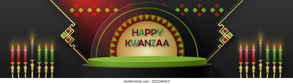 3d Round podium stage for Happy Kwanzaa card with nice and creative symbols and paper cut style on color background for Kwanzaa holiday