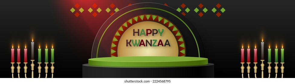 3d Round podium stage for Happy kwanzaa card with nice and creative symbols and paper cut style on color background for kwanzaa holiday